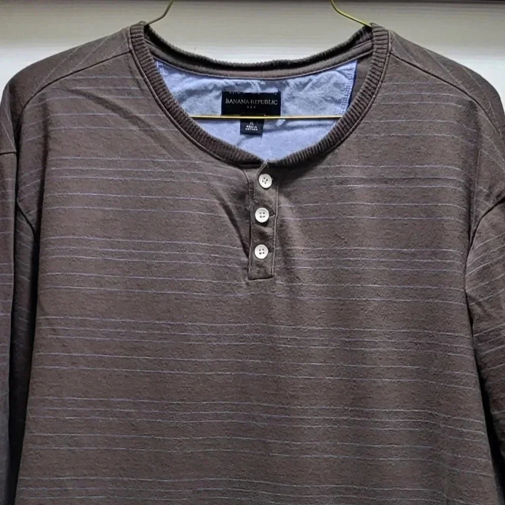 Banana Republic Striped Henley Men's XL Brown Blue Long Sleeve Shirt